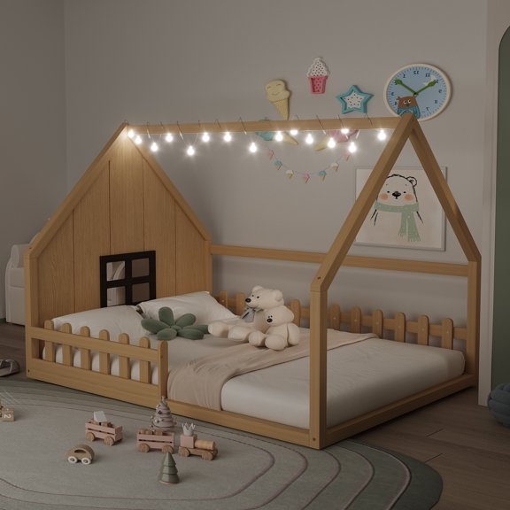 Full Size Natural Wood House Bed With Fence & Window, Solid Construction For Longevity, Led Fun, Playful Sleeping Space , No Spring Box Window And Fence, Finish, Build, Creativity, , Required