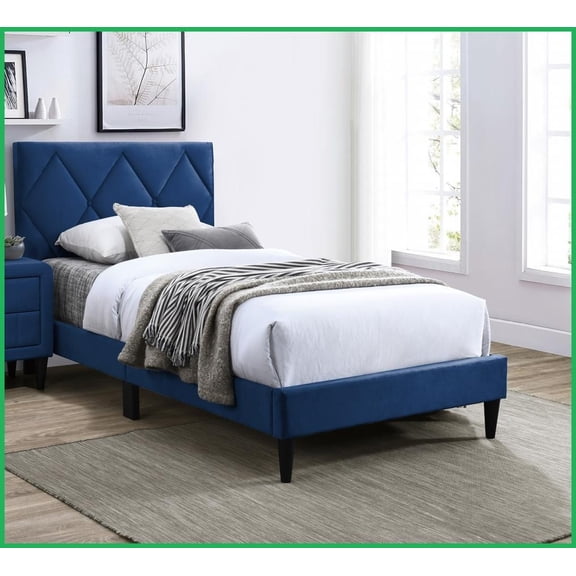 Full Size Navy Blue Velvet Upholstered Platform Bed Frame with Adjustable Headboard - No Box Spring Needed, Teen Bedroom