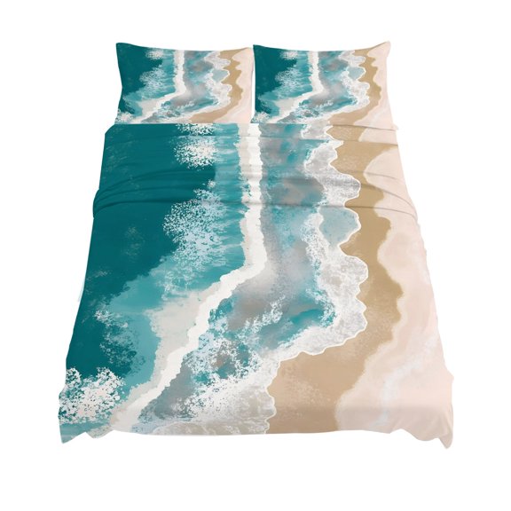Full Size Ocean Beach Sheet Sets Abstract Waves Ombre Teal Gradient Soft Breathable Microfiber Bed Sheets Deep Pockets 4 Piece Bed Sheets Set, 1 Fitted Sheet, 1 Flat Sheet & 2 Pillowcases
