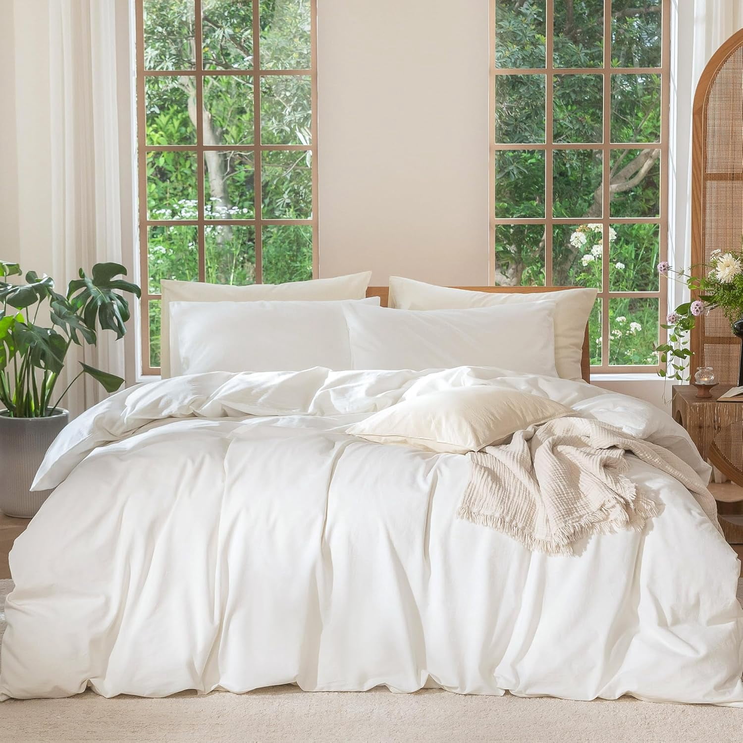 Full Size Off White Washed Cotton Textured Duvet Cover Set