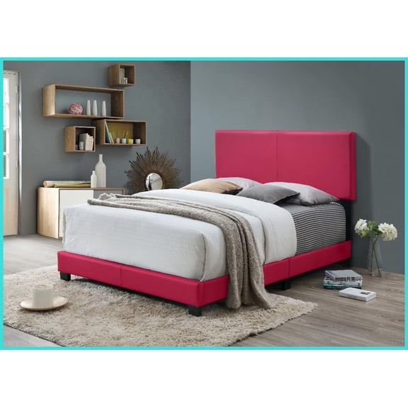 Full Size PU Fabric Platform Bed Frame with Padded Headboard - Pink for Master/Guest Bedroom