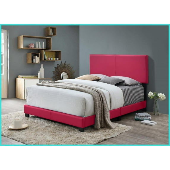 Full Size PU Fabric Platform Bed Frame with Padded Headboard - Pink for Master/Guest Bedroom