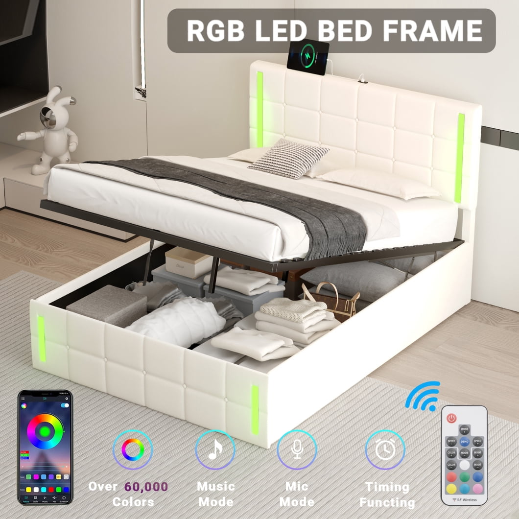 Full Size PU Leather Platform Bed with Hydraulic Storage System, Upholstered Lift Up Storage Bed with LED Lights and USB Charging Station, Bed Frame with Slats Support, No Box Spring Needed, White