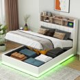 thumbnail image 1 of Full Size PU Upholstered Bed with Charging Ports & Adjustable LED Lights,  Hydraulic Storage Platform Bed with Upholstered Bookcase Headboard, Wooden Platform Bed Frame for Kids Teens Adults, White, 1 of 9