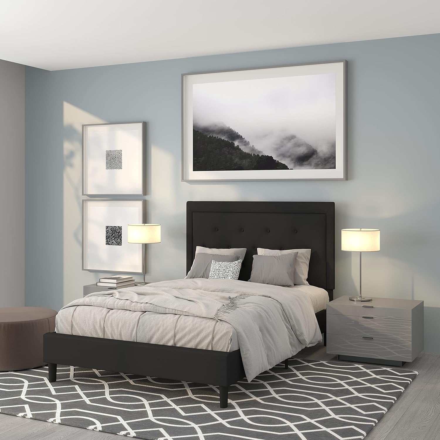 Modern Black Full/Double Tufted Upholstered Platform Bed with Slats