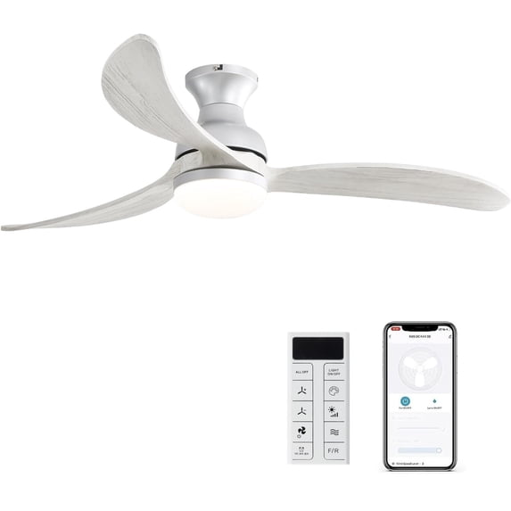 Full Size Pedestal Fan, 52 Inch Modern Ceiling Fan With 3 Color Dimmable Solid Wood Blades Remote Control Reversible DC Motor For Bedroom, Silver Tower Fan,Metal & Wood Desk Fan