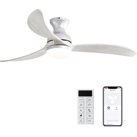 Full Size Pedestal Fan, 52 Inch Modern Ceiling Fan With 3 Color Dimmable Solid Wood Blades Remote Control Reversible DC Motor For Bedroom, Silver Tower Fan,Metal & Wood Desk Fan