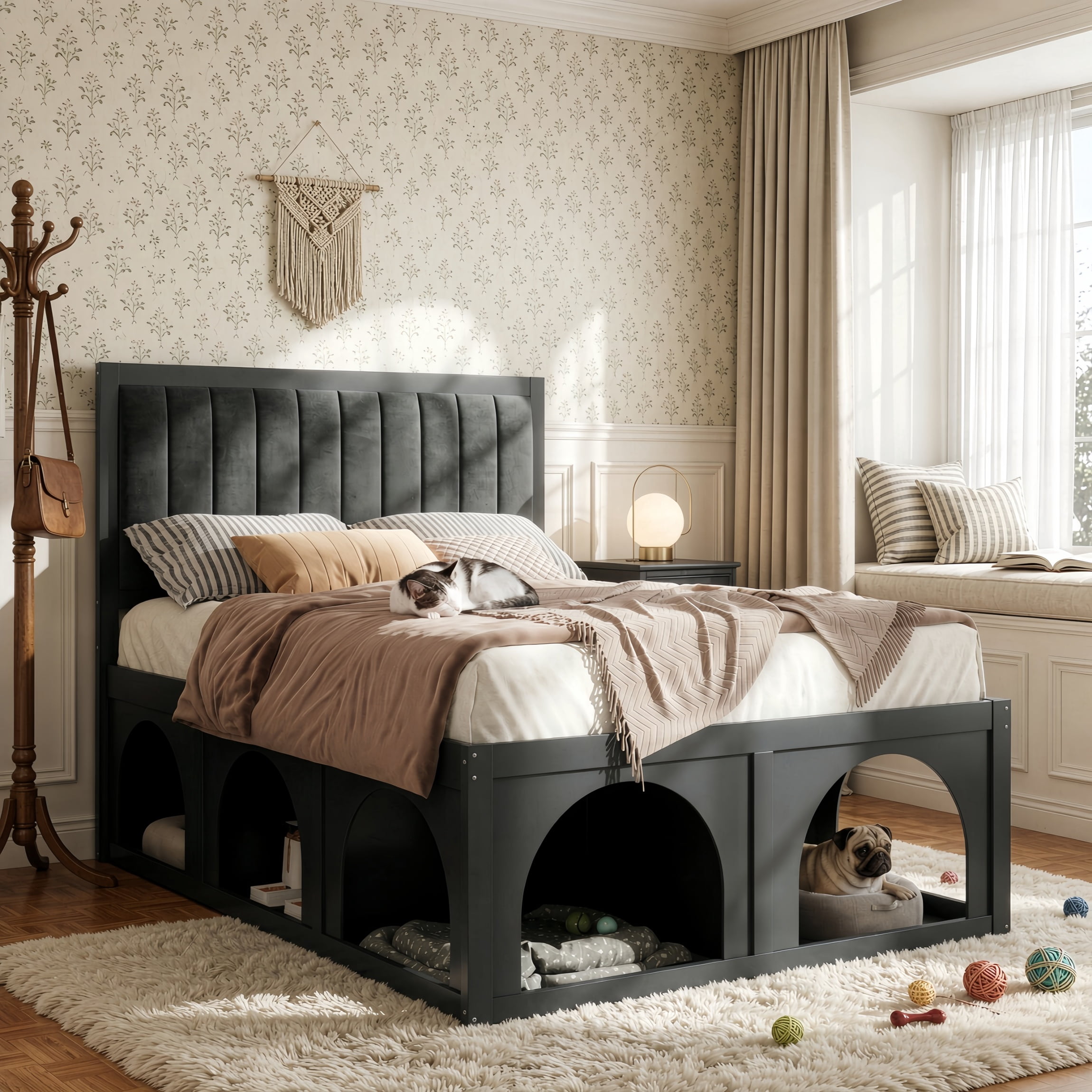 Full Size Pet-Friendly Platform Bed with Under-Bed Pet Nooks, Heavy Duty Wooden Storage Bed Frame with Padded Headboard