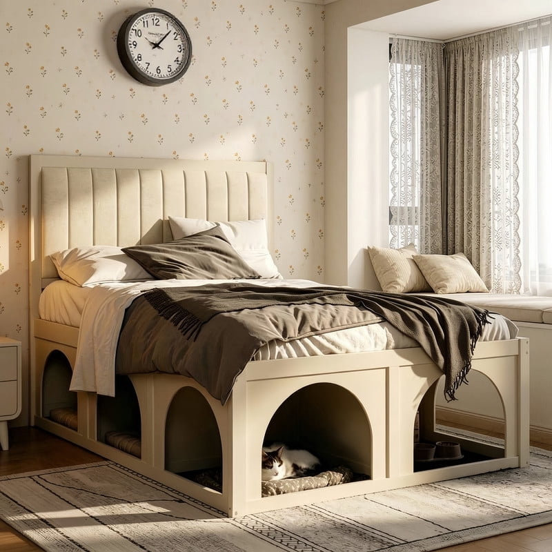 Full Size Pet-Friendly Platform Bed with Under-Bed Pet Nooks, Heavy Duty Wooden Storage Bed Frame with Padded Headboard