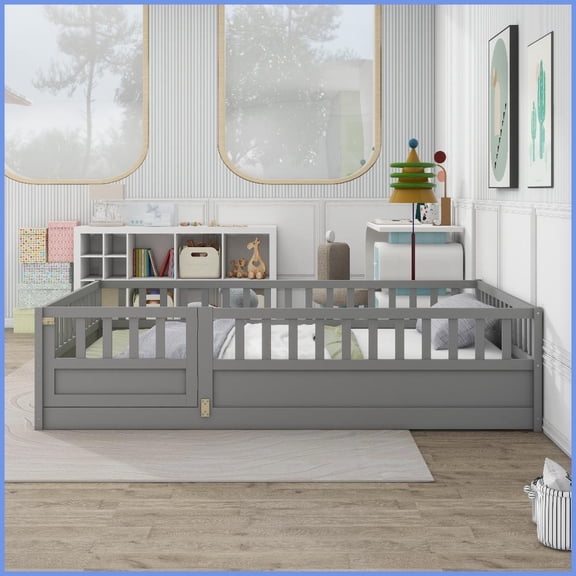 Full Size Pine & Plywood Floor Bed Frame with Integral High Fence & Clockwise Door Gray