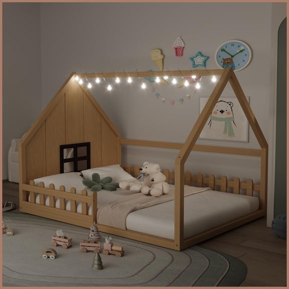 Full Size Pine Wood House Platform Bed with Fence & Window, Natural No Box Spring Required