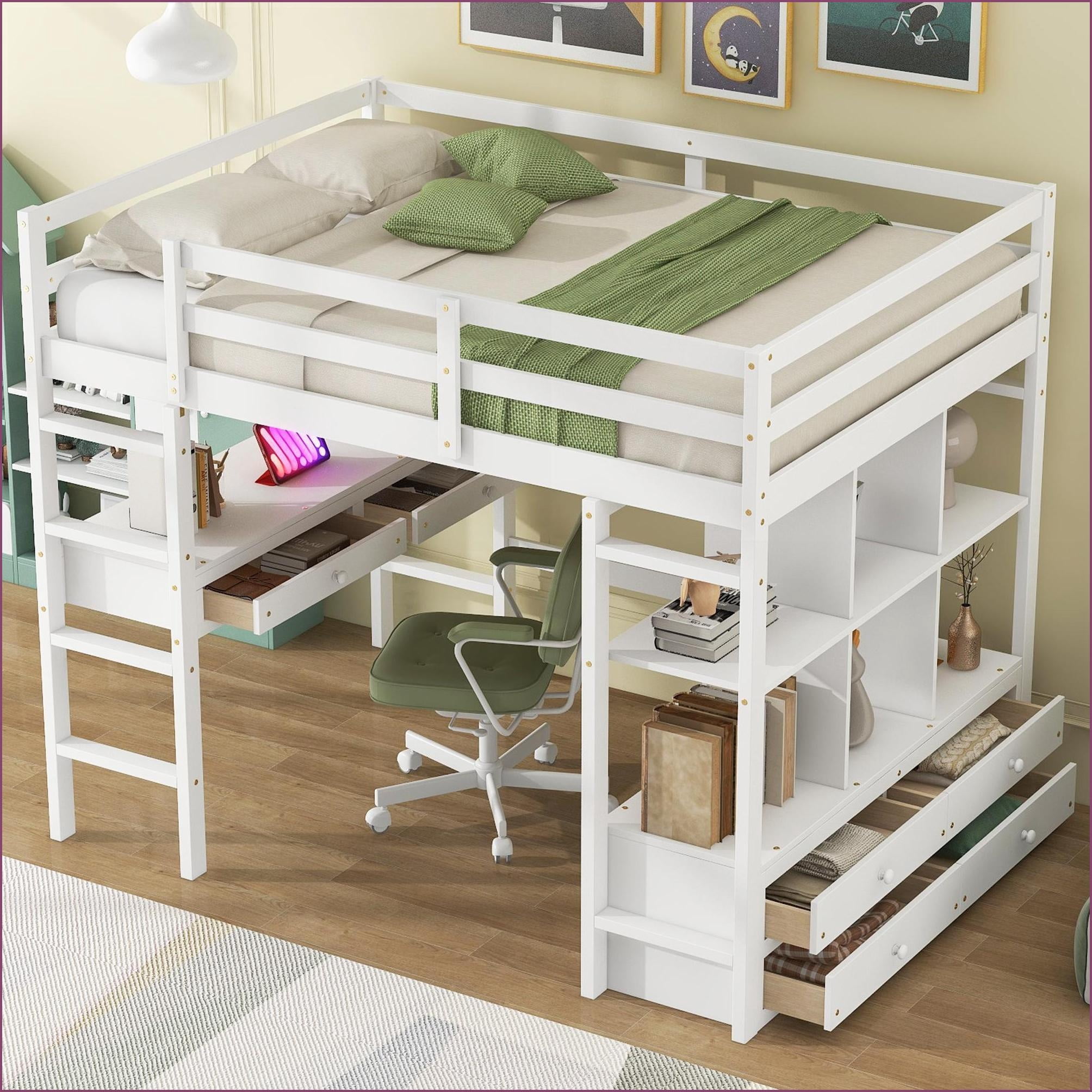 Full Size Pine Wood Loft Bed with Built-in Desk & Storage Drawers, No ...