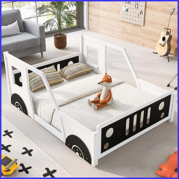 Full Size Pine Wood & MDF Classic Car Platform Bed with Wheels, White for Any Bedroom