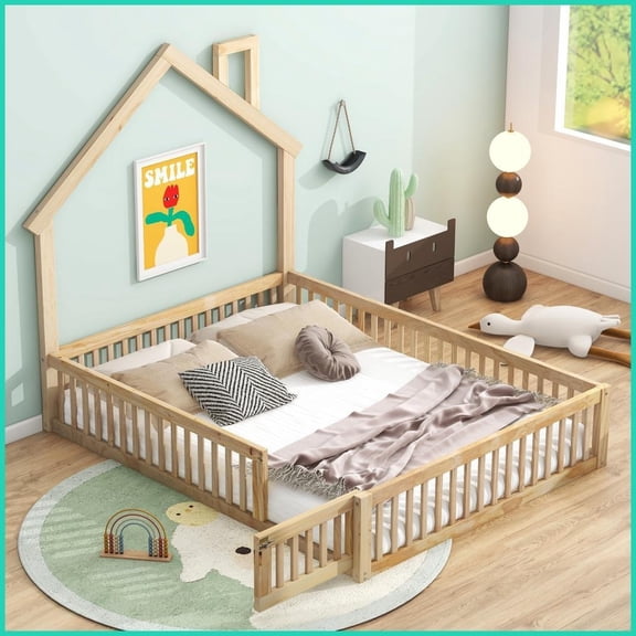 Full Size Pine Wood & MDF Platform Bed with Guardrail – Natural, No Box Spring Required