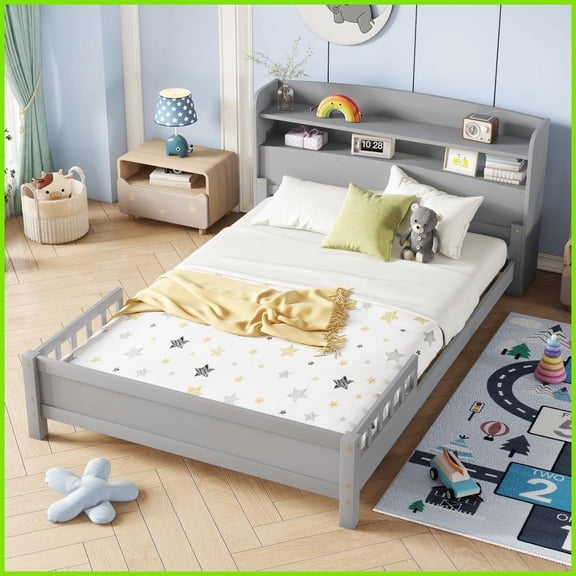 Full Size Pine Wood Platform Bed with Bookcase Headboard, LED Motion Sensor Light & Guardrails, Grey No Box Spring Needed