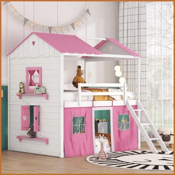 Full Size Pinewood Playhouse Bunk Bed with Windows & Tent, Pink+White