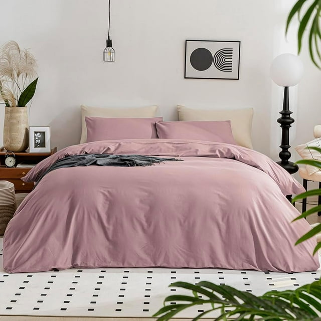 Full Size Pink Duvet Cover - 100% Washed Cotton with Linen Like Texture, 3 Piece Bedding Set Including Comforter Cover with Zipper Closure (Dusty Pink, Full 80"x90")