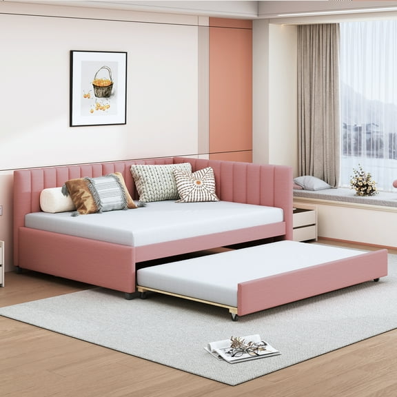 Full Size Pink Linen Upholstered Daybed with Twin Trundle - Classic Semi-Closed Design, No Box Spring Needed, Perfect for Living Room & Guest Room Sleepovers (78.9"L)