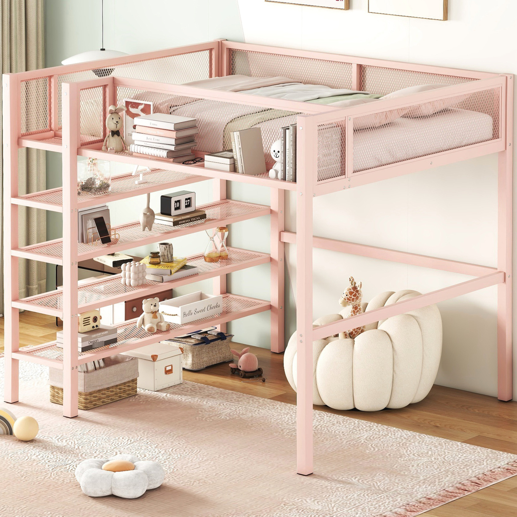Full Size Pink Metal Loft Bed with 4-Tier Shelves and Storage - Walmart.com