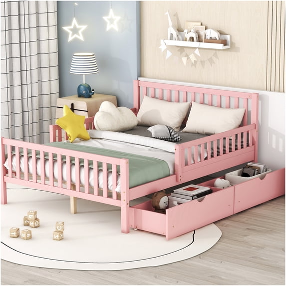 Full Size Pink Storage Bed Frame with Headboard, Footboard & Safety Rails, Underbed Drawers for Bedroom