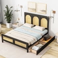 thumbnail image 1 of Full Size Platform Bed with 2 Drawers, Mid-Century Storage Bed with Rattan Headboard and Footboard, Wooden Bed Frame with Slats Support, No Box Spring Needed, Black, 1 of 9
