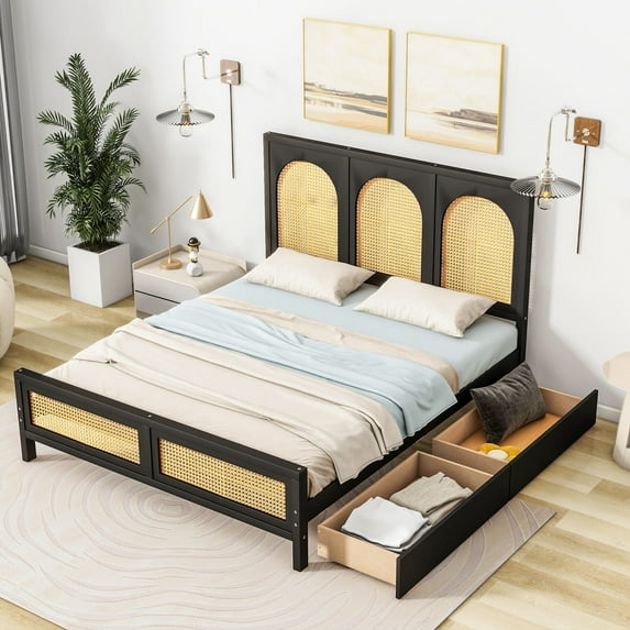 Full Size Platform Bed with 2 Drawers, Mid-Century Storage Bed with Rattan Headboard and Footboard, Wooden Bed Frame with Slats Support, No Box Spring Needed, Black