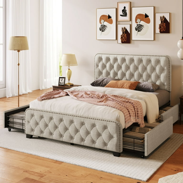 Full Size Platform Bed with 4 Storage Drawers Modern Upholstered Framework Bed with Button Tufted Headboard and Footboard Sturdy Metal Support Load 800Lbs No Box Spring Required Beige Walmart