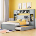 thumbnail image 1 of Full Size Platform Bed with All-in-One Cabinet and Shelf, Storage Bed with Trundle, 2 Drawers and Bookcase Headboard, Solid Wood Bed Frame with Slats Support, No Box Spring Needed, Gray, 1 of 9