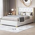 thumbnail image 1 of Full Size Platform Bed with Button Tufted Headboard, PU Upholstered Bed Frame with Metal Strips and Wooden Slat Support, Noise Free, No Box Spring Needed, Easy Assembly, Off White, 1 of 7