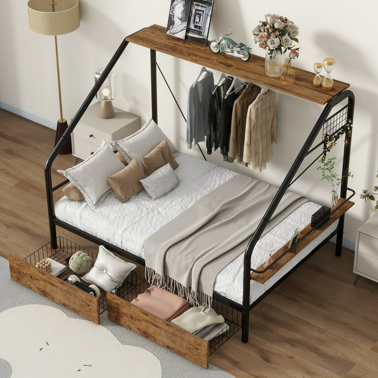 Full Size Platform Bed with Clothes Rack Metal Bed Frame with Storage Shelves and 2 Drawers Space Saving Bed for Kids Teens Adults No Box Spring