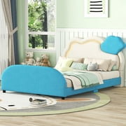 Full Size Platform Bed with Cloud-Shaped Headboard and Embedded Light Stripe for Kids Teens Adults, Velvet Upholstered Platform Bed Frame for Bedroom, Blue
