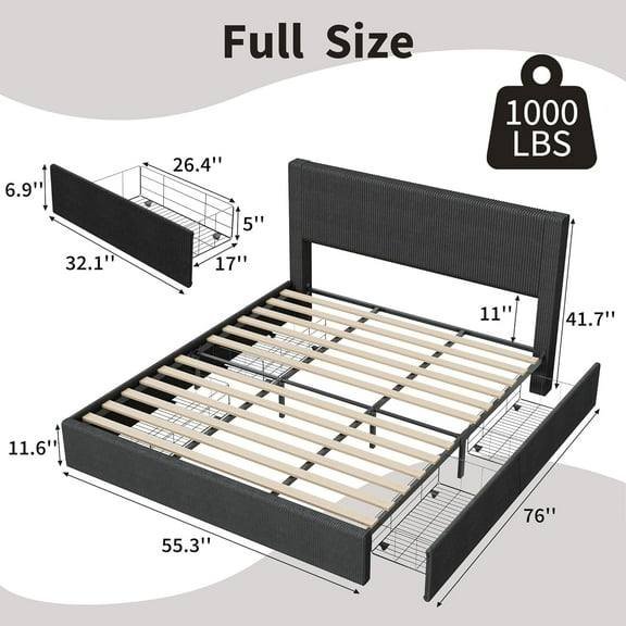 Full Size Platform Bed Frame with 4 Storage Drawers, Upholstered Corduroy Channel Tufted Headboard Bed Frame with Strong Wooden Slat Support, No Box Spring Needed, Black