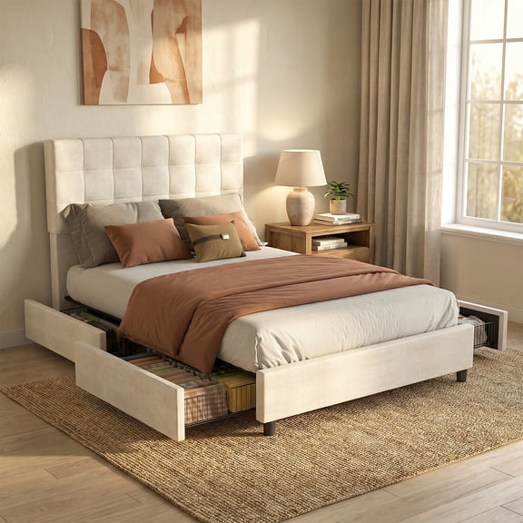 Full Size Platform Bed Frame with 4 Storage Drawers and Velvet Upholstered Headboard, Wooden Slats Support, Upholstered Mattress Foundation/No Box Spring Needed/Easy Assembly