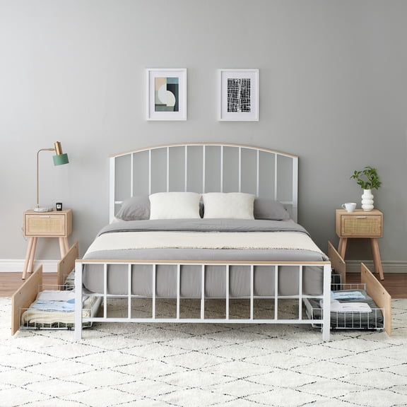 Full Size Platform Bed Frame with 4 Storage Drawers on Wheels Queen Platform Bed Frame with Headboard and Footboard, Mattress Foundation with Metal Slats Support, No Box Spring Needed