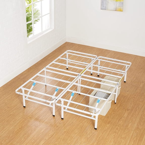 Full Size Platform Bed Frame, Foldable Metal, Tool-Free Setup, 14 Inches High, White