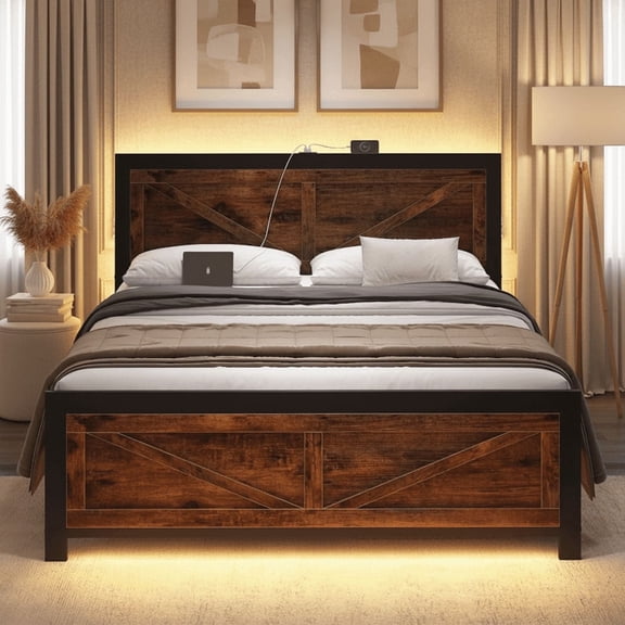 Full Size Platform Bed Frame with LED Lights, USB Charging, and Farmhouse Barn Door Headboard, Strong Metal Slats Support, Noise Free, No Box Spring Needed, Brown