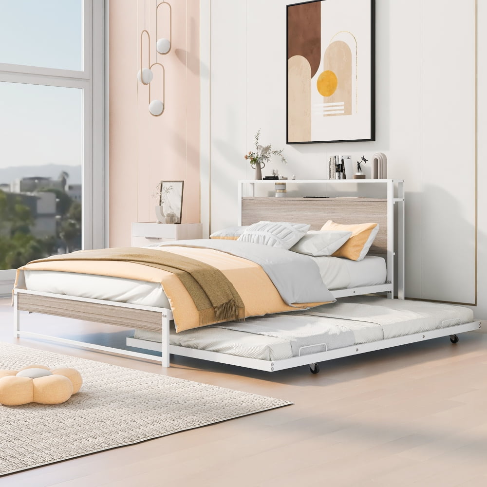 Full Size Platform Bed Frame, Metal Platform Bed with Trundle, USB Ports and Slat Support,  Trundle Bed Frame with Shelf Headboard, No Box Spring Needed, White