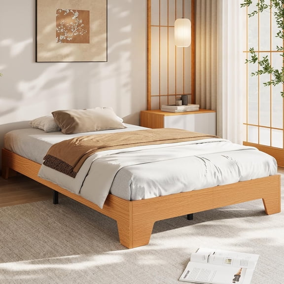 Full Size Platform Bed Frame, Minimalist Wood Bed Frame No Headboard Needed, Sturdy Low Profile Bed with Natural Wood Grain, Noise-Free & Easy Assembly