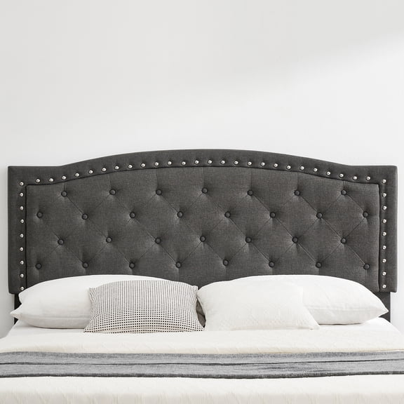 Full Size Platform Bed Frame, Modern Gray Upholstered Bed Frame with a Height-Adjustable Button-Tufted Headboard, Noise Free Wood Slats Mattress Foundation, No Box Spring Needed