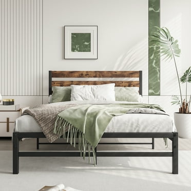 Full Size Platform Bed Frame with Rustic Vintage Wood Headboard, Strong Metal Slats Support Mattress Foundation, Noise-Free, No Box Spring Needed, Rustic Brown