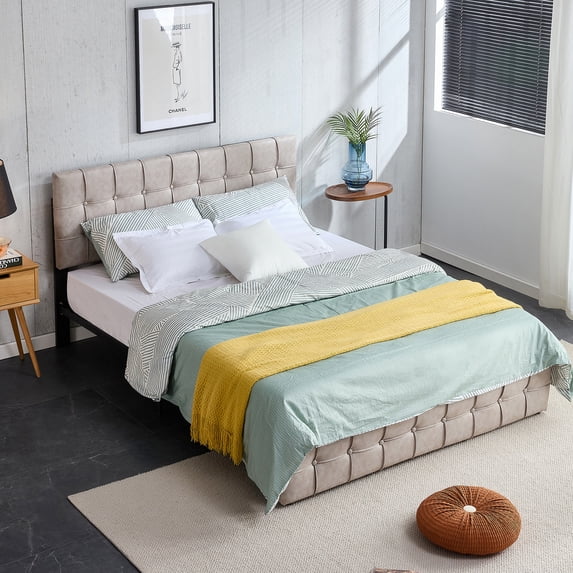 Full Size Platform Bed Frame, SEGMART Upholstered Platform Bed Frame with Headboard, Metal Bed Frame with Slat Support,No Box Spring Needed, Beige