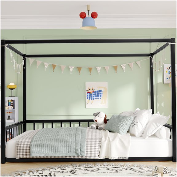 Full Size Platform Bed Frame with Safety Rails, Low Profile Metal Bed Frame with Anti-Tip Kit, No Box Spring Needed, Strong Iron Structure, Easy Setup, Modern House Design, Black