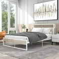 thumbnail image 1 of Full Size Platform Bed Frame with Sockets and USB ports, Metal Metal and Wood Bed Frame with Headboard and Footboard, Noise-Free, No Box Spring Needed, White, 1 of 7