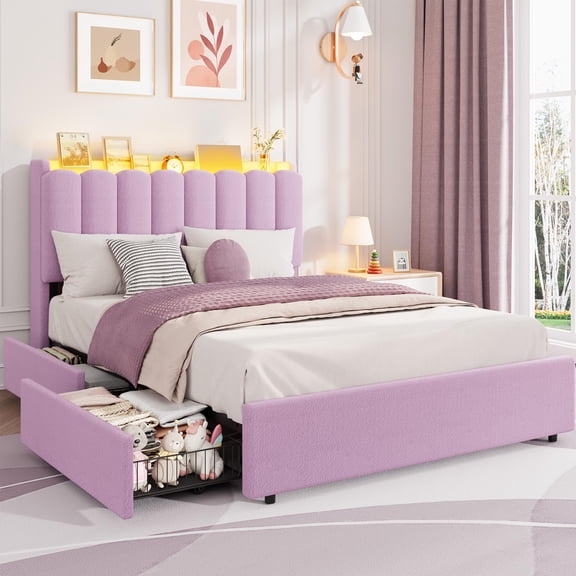 Full Size Platform Bed Frame with Storage Headboard with 2 Drawers Chic Wavy Headboard with Bookcase, Strong Wooden Slats Support, No Box Spring Needed, Noise Free, Easy Assembly