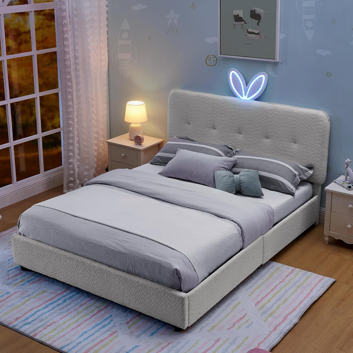 Full Size Platform Bed Frame, Upholstered Bed Frame with Rabbit Ear Headboard, Boucle Montessori Beds with LED Lights & Bluetooth Music, for Bedroom, Apartment, Easy Assembly, Beige