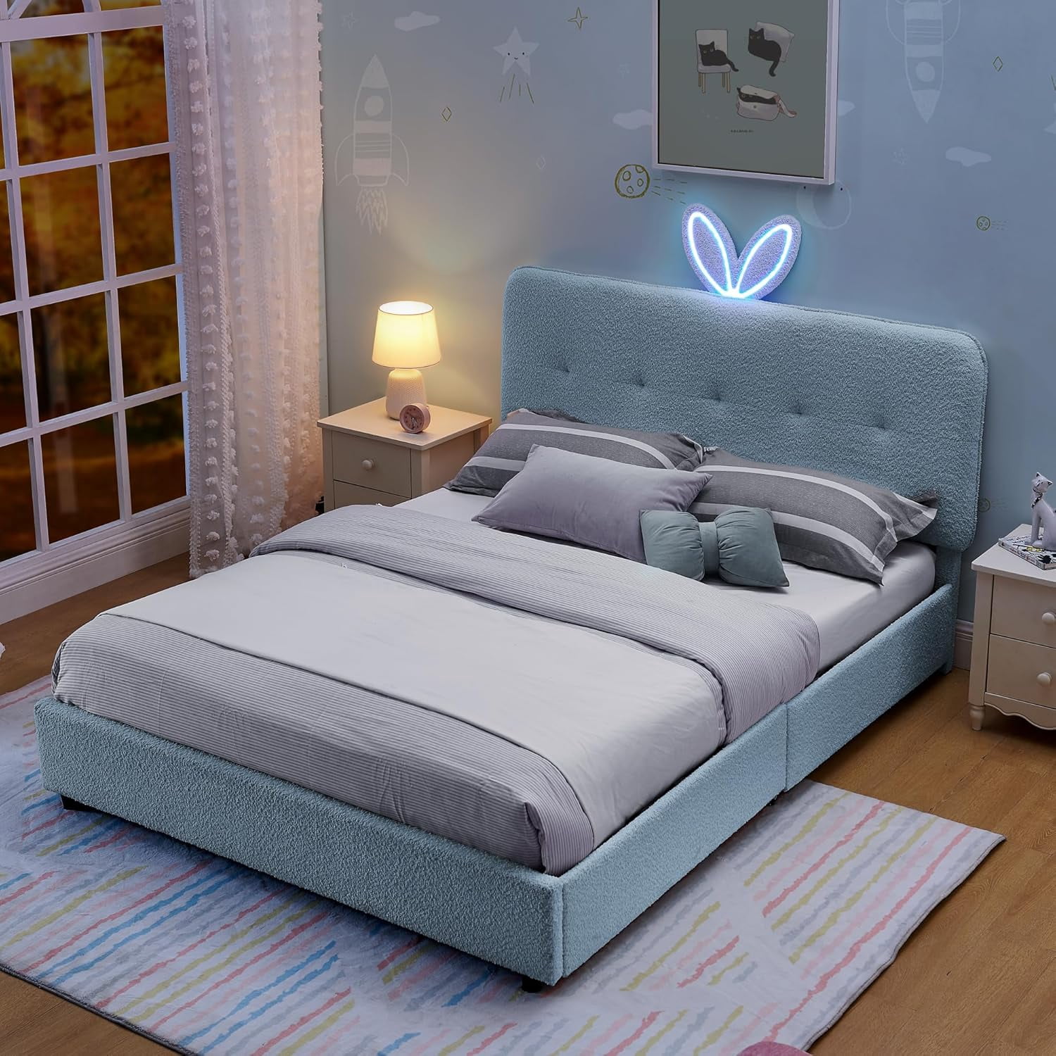 Full Size Platform Bed Frame, Upholstered Bed Frame with Rabbit Ear Headboard, Boucle Montessori Beds with LED Lights & Bluetooth Music, for Bedroom, Apartment, Easy Assembly, Light Blue