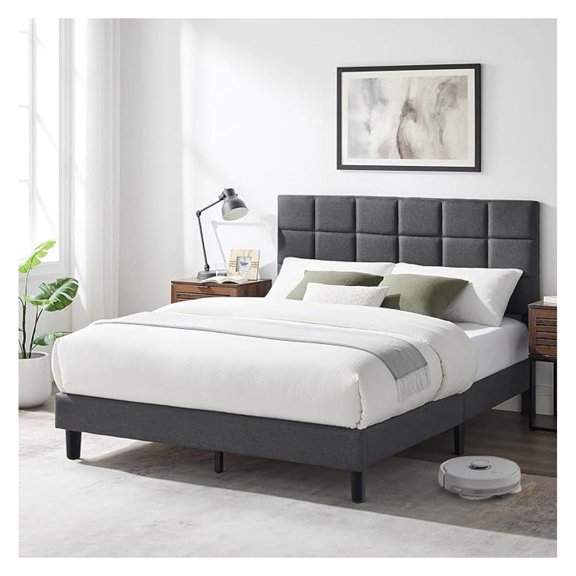 Full Size Platform Bed Frame with Upholstered Headboard, Linen Fabric and Wooden Slats Support, No-Noise, Easy to Assemble, No Box Spring Needed with 800LBS, Grey