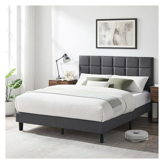 Full Size Platform Bed Frame with Upholstered Headboard, Linen Fabric and Wooden Slats Support, No-Noise, Easy to Assemble, No Box Spring Needed with 800LBS, Grey