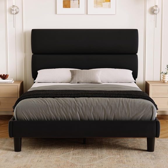 Full Size Platform Bed Frame with Velvet Headboard, Adjustable Height Wooden Slats Support, Upholstered Mattress Foundation, Fits Mattress or Mattress with Box Spring, Easy Assembly, Black