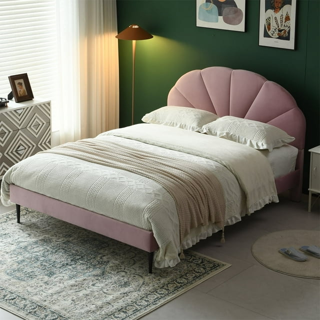 Full Size Platform Bed Frame, Velvet Upholstered Bed Frame with Flower ...